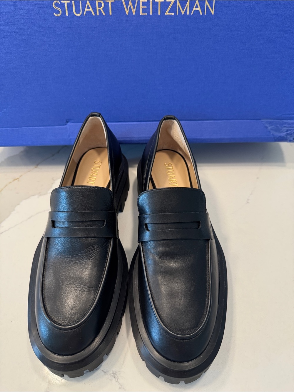 Stuart Weitzman Black Leather Penny Loafers with Lug Sole 11 NEW - Picture 2 of 9